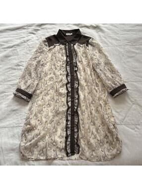 Axes Femme Cream Brown Eiffel Tower Print Ruffle Tunic Dress 3/4 Sleeve M